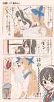  3koma animal animalization asakaze_(kantai_collection) bismarck_(kantai_collection) black_hair blue_eyes brown_hair cleaning closed_eyes clothed_animal collared_shirt colorized comic commentary_request dog hair_ribbon hat headband indoors itomugi-kun japanese_clothes kantai_collection multiple_girls necktie ooyodo_(kantai_collection) ribbon shirt surprised sweatdrop translated window 