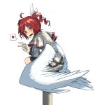 1girl ahoge blush bow drill_hair fang feathered_wings grey_jacket grey_skirt hair_bow hato_no_mune_wo_momitai heart highres jacket kasane_teto kasane_teto_(sv) long_sleeves looking_at_viewer looking_back open_mouth pole red_eyes red_hair simple_background skirt smile solo spoken_heart squatting synthesizer_v twin_drills utau v white_background wings 