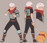  armor bastion belt boots bracer brown_eyes commentary fighting_stance full_body hammer knee_pads looking_at_viewer male_focus mefomefo multiple_views neckerchief profile simple_background the_kid_(bastion) white_hair 