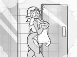  breasts cleavage clothed clothing ear_piercing eyelashes female greyscale hair looking_at_viewer monochrome nude open_mouth piercing sally_(scalie_schoolie) scalie scalie_schoolie shower solo steam tooneyd towel wet 
