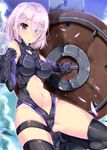  armor armored_dress ass ass_visible_through_thighs bare_shoulders black_legwear breasts detached_sleeves elbow_gloves eyebrows_visible_through_hair eyes_visible_through_hair fate/grand_order fate_(series) fukuda_shuushi gauntlets gloves hair_over_one_eye highres large_breasts mash_kyrielight navel navel_cutout purple_eyes purple_gloves purple_hair shield short_hair solo thighhighs thighs 