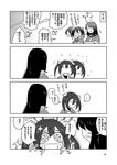  4koma blush chikuma_(kantai_collection) comic flying_sweatdrops greyscale kantai_collection long_hair monochrome multiple_girls sparkling_eyes straight_hair tone_(kantai_collection) translation_request twintails yokochou 