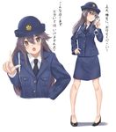  alternate_costume black_hair blush brown_eyes commentary cuffs female_service_cap hair_between_eyes hair_ornament hairband hairclip handcuffs haruna_(kantai_collection) hat high_heels irohakaede kantai_collection long_hair looking_to_the_side miniskirt multiple_views necktie open_mouth pencil_skirt pigeon-toed police police_hat police_uniform policewoman skirt smile translated uniform white_background 