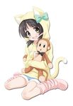  animal_ears animal_hood black_hair blush bow bowl bowl_hat brown_eyes cat_hood cat_tail child doll_hug fake_animal_ears fake_tail full_body green_bow hat holding hood hood_up hoodie kaai_yuki looking_at_viewer loose_socks official_art open_mouth promotional_art short_twintails shorts sitting smile socks solo stuffed_animal stuffed_monkey stuffed_toy tail twintails umetani_tarou vocaloid wariza yellow_hoodie 