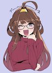 ;d ahoge alternate_costume bespectacled black-framed_eyewear blush breasts brown_hair casual double_bun glasses hairband hanauna kantai_collection kongou_(kantai_collection) large_breasts long_hair long_sleeves looking_at_viewer one_eye_closed open_mouth purple_eyes ribbed_sweater simple_background smile solo sweater upper_body 
