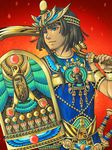  1boy ancient_egypt artist_request black_hair blue_eyes egyptian eyeshadow male_focus original pharaoh shield solo tutankhamun weapon 