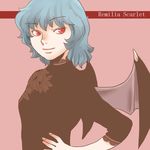  alternate_costume bad_id bad_pixiv_id bat_wings blue_hair character_name frilled_sleeves frills onikobe_rin red_eyes remilia_scarlet short_hair simple_background solo touhou wings 