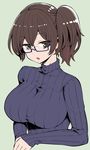  alternate_costume bespectacled blue-framed_eyewear breasts brown_hair glasses green_eyes hanauna kaga_(kantai_collection) kantai_collection large_breasts long_sleeves looking_at_viewer open_mouth ribbed_sweater semi-rimless_eyewear side_ponytail simple_background solo sweater under-rim_eyewear upper_body 