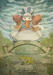  1other absurdres animal arms_up bow bridge chef_hat cloud cloudy_sky commentary_request dress final_fantasy final_fantasy_ix frilled_dress frilled_hat frills frog gloves grass hat highres outdoors patterned_clothing quina_quen rock shinichi_kobe sky standing striped_clothes striped_headwear tongue tongue_out wooden_bridge 