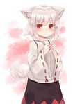  animal_ears closed_mouth expressionless highres inubashiri_momiji kibisake long_sleeves red_eyes ribbon-trimmed_sleeves ribbon_trim shirt short_hair skirt solo tail touhou white_background white_hair wide_sleeves wolf_ears wolf_tail 