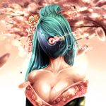  bare_shoulders breasts cleavage collarbone commentary cyborg cyclops detached_sleeves geisha glowing glowing_eye green_hair hair_ornament hairpin half_updo hannah_santos japanese_clothes kimono large_breasts long_hair off_shoulder one-eyed original pink_background red_eyes solo 