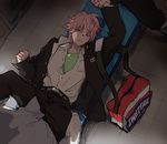  2boys bag belt edanaka gakuran high_speed! looking_at_viewer lying male_focus multiple_boys pink_hair shigino_kisumi short_hair undressing 