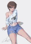  1girl absurdres brown_eyes brown_hair closed_mouth collarbone denim denim_shorts highres kasugano_sakura leaning_back looking_at_viewer midriff navel short_hair shorts simple_background sitting solo street_fighter tan tanlines tyanoki white_background 
