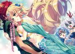  3girls :&lt;&gt; blonde_hair blue_flower blue_hair breast_press breasts cleavage clenched_hand dutch_angle eleonora_viltaria flower green_eyes hair_flower hair_ornament highres hug katagiri_hinata large_breasts long_hair ludmila_lourie madan_no_ou_to_vanadis midriff multiple_girls navel novel_illustration official_art open_mouth red_hair short_hair sideboob silver_hair small_breasts sofya_obertas spiked_hair tigrevurmud_vorn translation_request 