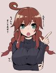  alternate_costume blush braid breasts brown_hair green_eyes hanauna kantai_collection large_breasts long_hair long_sleeves looking_at_viewer noshiro_(kantai_collection) open_mouth ribbed_sweater simple_background solo sweater translated twin_braids upper_body 