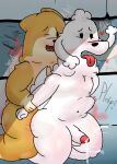 anthro big_butt blush bodily_fluids butt canid canine canis cum dog_tags dogs_in_space domestic_dog duo ejaculation garbage_(dogs_in_space) genital_fluids happy_(dogs_in_space) herding_dog male male/male mammal netflix open_mouth orange_body pastoral_dog plap plap_(sound) poodle sex slightly_chubby slightly_chubby_male tail thick_thighs tongue tongue_out ugly-rat15508 welsh_corgi white_body