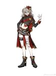  1girl absurdres artist_request bandaged_leg bandages black_footwear black_skirt boots capelet chinese_commentary commentary_request ensemble_stars! facing_viewer flower full_body genderswap genderswap_(mtf) gloves grey_hair hand_up hat high_heel_boots high_heels highres long_sleeves looking_at_viewer medium_hair messy_hair midriff multicolored_clothes navel ogami_koga pencil_skirt red_hat rose second-party_source side_slit simple_background skirt sleeve_cuffs solo tachi-e thigh_strap water weibo_logo weibo_watermark white_background white_gloves yellow_eyes yellow_flower yellow_rose 