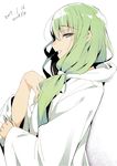  2017 androgynous blue_eyes dated enkidu_(fate/strange_fake) fate/strange_fake fate_(series) green_eyes green_hair kamaboko_(ossann0125) long_hair looking_at_viewer robe simple_background solo white_background wide_sleeves 