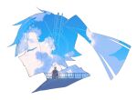  1boy 1girl blue_sky blunt_bangs blunt_ends cardigan cloud cloudy_sky day enomoto_takane green_cardigan headphones highres kagerou_project kokonose_haruka outdoors railing shibainu_illust sky summertime_record_(vocaloid) wheelchair white_background 
