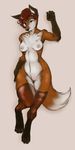  2016 anthro areola breasts brown_fur canine chest_tuft clothing female fox fur hair inverted_nipples legwear looking_at_viewer lying mammal multicolored_fur nipples nude on_back pav red_hair solo stockings thigh_highs tuft 