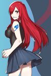 bare_arms bare_shoulders brown_eyes emblem erza_scarlet fairy_tail long_hair red_hair ryairyai skirt smile solo tattoo 