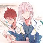  2boys edanaka eyes_closed goggles high_speed! looking_at_viewer male_focus multiple_boys paper purple_hair question_mark red_hair serizawa_nao shiina_asahi short_hair smile stopwatch 