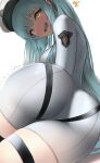  1girl ass ass_focus blue_hair blush breasts goddess_of_victory:_nikke hat highres long_hair looking_at_viewer looking_back military_rank_insignia nemo_(aeon2801) open_mouth panties_visible_through_clothes privaty_(nikke) romper skindentation tears trembling twintails white_background white_hat white_romper yellow_eyes 
