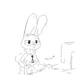  2017 anon anthro black_and_white buckteeth clothed clothing computer disney duo english_text eyewear female glasses lagomorph mammal monitor monochrome rabbit replytoanons simple_background sound_effects sweat sweatdrop teeth text white_background zootopia 