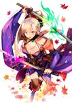  arm_up autumn_leaves black_legwear blue_eyes breasts cleavage colorful dual_wielding fate/grand_order fate_(series) holding holding_sword holding_weapon japanese_clothes katana kimono large_breasts looking_at_viewer miyamoto_musashi_(fate/grand_order) multicolored multicolored_clothes multicolored_kimono purple_hair solo sparkle sword thighhighs weapon weed_(astarone) 