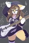  2017 ashiji beanie blitzy_(blitzy-arts) brown_eyes brown_hair canine clothed clothing digital_media_(artwork) dog female front_view guitar guitar_pick hair hat legwear long_hair looking_at_viewer mammal musical_instrument musical_note one_eye_closed portrait shiba_inu solo standing stockings striped_legwear striped_stockings stripes three-quarter_portrait tongue tongue_out wink 