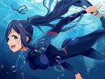 :d air_bubble beamed_eighth_notes beamed_sixteenth_notes blue_hair bodysuit bubble diving_suit duu_(derhnky9f4) eighth_note floating_hair long_hair love_live! love_live!_sunshine!! matsuura_kanan musical_note open_mouth ponytail purple_eyes smile solo swimming treble_clef underwater water wetsuit 