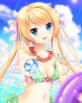  33paradox bikini blonde_hair blue_eyes bow breasts cleavage cloud collarbone day green_bikini hair_ribbon highres lei long_hair looking_at_viewer medium_breasts navel ocean open_mouth original outdoors purple_ribbon ribbon see-through smile solo swimsuit twintails water 