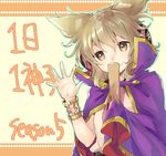  bangs bracelet cape closed_mouth commentary_request earmuffs hair_between_eyes hand_up jewelry light_brown_eyes light_brown_hair looking_at_viewer makuwauri outstretched_hand pointy_hair ritual_baton short_hair smile solo touhou toyosatomimi_no_miko translation_request upper_body 