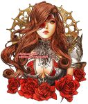  1girl armor beatrix_(ff9) breasts brown_eyes brown_hair cleavage commentary cropped_torso curly_hair english_commentary eyepatch final_fantasy final_fantasy_ix flower gold_trim gorget large_breasts long_hair patreon_username pauldrons red_flower red_rose rose shoulder_armor simple_background single_pauldron solo vhyrel white_background 