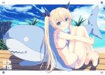  barefoot beach bikini blonde_hair blue_bow bow breasts closed_mouth cloud cloudy_sky commentary_request dorsiflexion frilled_bikini frills full_body green_eyes hair_bow hugging_own_legs inflatable_shark inflatable_toy knees_up letterboxed long_hair looking_at_viewer nanao_naru original outdoors own_hands_together purple_bikini side-tie_bikini_bottom sitting sky small_breasts smile swimsuit sylph_(kokonobi) toenails twintails 