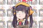  1girl bags_under_eyes black_hair black_shirt blue_archive bound collared_shirt fuuka_(blue_archive) gomennasai head_scarf long_hair parted_lips recurring_image shirt tied_up_(nonsexual) twintails white_background 
