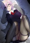  :o absurdres bed_sheet black-framed_eyewear blush breasts collared_shirt covered_nipples crotch_seam dutch_angle eyebrows_visible_through_hair eyes_visible_through_hair fate/grand_order fate_(series) glasses hair_over_one_eye half-closed_eyes hands_up highres hood hoodie kenmotsu_chiyo large_breasts lavender_eyes looking_at_viewer lying mash_kyrielight necktie on_back on_bed open_mouth panties panties_under_pantyhose pantyhose pillow purple_hair red_neckwear shirt short_hair solo thighband_pantyhose underwear white_shirt 