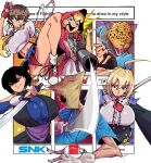  2boys 4girls ahoge aiming aiming_at_viewer animal_head apron arc_system_works b.b._hood bag bag_over_head black_eyes black_jumpsuit blazblue blonde_hair blue_eyes blue_gloves blue_sailor_collar blue_shirt blue_skirt blue_undershirt breasts brown_hair buruma_under_skirt center_frills copyright_name cropped_shirt darkstalkers dress english_text es_(xblaze) faust_(guilty_gear) fighting_stance fingerless_gloves flipped_hair foreshortening frills frown gloves glowing glowing_eye guilty_gear guilty_gear_strive gun hand_up headband highres holding holding_gun holding_knife holding_scalpel holding_weapon hood huge_ahoge huge_breasts jaguar_boy jumpsuit kasugano_sakura king_(tekken) knee_up knife large_breasts leg_up light_frown long_sleeves looking_at_viewer loyal_cloud medical_scrubs miniskirt multiple_boys multiple_drawing_challenge multiple_girls neckerchief necktie obi open_mouth panties pantyshot paper_bag partially_fingerless_gloves pleated_skirt pointing pointing_at_viewer pointing_melee_weapon puffy_short_sleeves puffy_sleeves purple_sash red_dress red_eyes red_gloves red_hood red_necktie reverse_grip sailor_collar samurai_spirits sash scalpel school_uniform serafuku shiki_(samurai_spirits) shirt short_hair short_necktie short_sleeves short_sword six_fanarts_challenge skirt sleeveless smile snk stethoscope street_fighter street_fighter_zero_(series) submachine_gun sword tantou tekken underbust underwear uzi v-shaped_eyebrows weapon white_apron white_gloves white_headband white_shirt xblaze yellow_neckerchief 