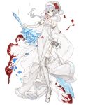  1girl bell christmas crystal_sword detached_sleeves dress flower full_body fur_trim grey_eyes hat ice ji_no looking_at_viewer official_art petals reverse_grip ribbon rose santa_hat see-through side_slit sinoalice snow_white_(sinoalice) solo sword thighhighs transparent_background weapon white_hair 