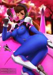  absurdres akiru_cairne arm_at_side ass bangs blue_bodysuit blurry blurry_background bodysuit bokeh boots bracer breasts brown_eyes brown_hair charm_(object) cherry_blossoms covered_nipples d.va_(overwatch) day depth_of_field deviantart_username doritos emblem eyelashes facepaint facial_mark finger_on_trigger from_behind gloves gun hand_up headgear headphones highres holding holding_gun holding_weapon knee_boots lips lipstick logo long_hair long_sleeves looking_at_viewer lying makeup mascara mecha medium_breasts meka_(overwatch) nose on_mecha on_side overwatch pauldrons petals pilot_suit ribbed_bodysuit shoulder_pads skin_tight solo tree turtleneck watermark weapon web_address whisker_markings white_footwear white_gloves white_legwear 