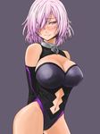  arms_behind_back bare_shoulders black_dress black_legwear breasts cleavage cleavage_cutout cowboy_shot dress elbow_gloves fate/grand_order fate_(series) gloves hair_over_one_eye highres kuzumin large_breasts mash_kyrielight navel navel_cutout purple_eyes purple_gloves purple_hair short_hair solo 