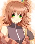  1girl bare_shoulders blush brown_hair gloves green_eyes hair_ornament nan_(tales) short_hair side_ponytail smile tales_of_(series) tales_of_vesperia 