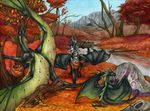  2016 day detailed_background dragon feral horn membranous_wings natoli outside river rock sitting sky smile spines standing traditional_media_(artwork) tree wings 