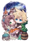  1boy 1girl absurdres aerith_gainsborough aerith_gainsborough_(garnet&#039;s_gown) aqua_ribbon arestear0701 artist_name barrel black_footwear black_gloves black_pants black_vest blonde_hair blue_eyes blush boots border braid braided_ponytail breasts brown_hair building chibi cloud_strife cloud_strife_(zidane&#039;s_outfit) cosplay crystal dress final_fantasy final_fantasy_ix final_fantasy_vii final_fantasy_vii_ever_crisis final_fantasy_vii_remake frilled_dress frills full_body garnet_til_alexandros_xvii garnet_til_alexandros_xvii_(cosplay) gloves green_eyes hair_between_eyes hair_ribbon hair_tie highres holding_hands jewelry juliet_sleeves long_hair long_sleeves medium_breasts night night_sky official_alternate_costume one_eye_closed open_mouth orange_dress outdoors pants parted_bangs pendant puffy_sleeves red_footwear ribbon sheath shirt short_hair sidelocks single_braid sky smile spiked_hair star_(sky) starry_sky town vest wavy_hair white_border white_shirt zidane_tribal zidane_tribal_(cosplay) 