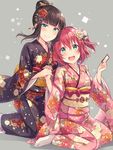  :d bangs black_hair black_kimono blunt_bangs card floral_print flower green_eyes grey_background hair_bun hair_flower hair_ornament holding_hands japanese_clothes kimono kurosawa_dia kurosawa_ruby looking_at_viewer love_live! love_live!_sunshine!! mole mole_under_mouth multiple_girls no_shoes obi one_side_up open_mouth pink_kimono red_hair sakou_mochi sash short_hair siblings side_ponytail sisters sitting smile tabi wariza 