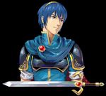  armor black_background blue_eyes blue_hair cape crown falchion_(fire_emblem) fire_emblem fire_emblem:_monshou_no_nazo fire_emblem:_shin_ankoku_ryuu_to_hikari_no_tsurugi male_focus marth simple_background smile solo sword weapon 