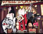  3girls absurdres animal_ears artist_name ass beanie blonde_hair blush breasts charlie_morningstar clenched_teeth colored_sclera embarrassed english_text hat hazbin_hotel helluva_boss highres looking_at_another looking_up loona_(helluva_boss) multiple_girls octavia_melody panties panty_pull red_eyes red_sclera red_suit semi_draws shiny_skin suit teeth underwear wedgie wolf yellow_sclera 