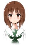  arms_at_sides blush brown_eyes brown_hair closed_mouth collarbone eyebrows_visible_through_hair girls_und_panzer looking_at_viewer neckerchief nishizumi_miho ooarai_school_uniform rocha_(aloha_ro_cha) shirt simple_background smile solo upper_body white_background white_shirt 