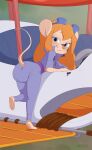 anthro blue_eyes chip_&#039;n_dale_rescue_rangers clean_diaper clothed clothing diaper diaper_outline diaper_under_clothing digitigrade disney eyewear feet female furgonomic_diaper furgonomics gadget_hackwrench goggles grease grease_stains hair hi_res leaning leaning_forward long_hair looking_at_viewer mammal mechanic merunyaa messy mouse murid murine one_leg_up orange_hair raised_leg rodent seductive shirt smile solo topwear vehicle