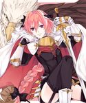  9tsumura androgynous astolfo_(fate) bird braid cape fate/apocrypha fate_(series) hair_ribbon long_hair looking_at_viewer male_focus otoko_no_ko pink_hair purple_eyes ribbon single_braid smile sword weapon 